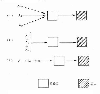 病因（A1、A2、A3）对机体的三种作用方式示意图